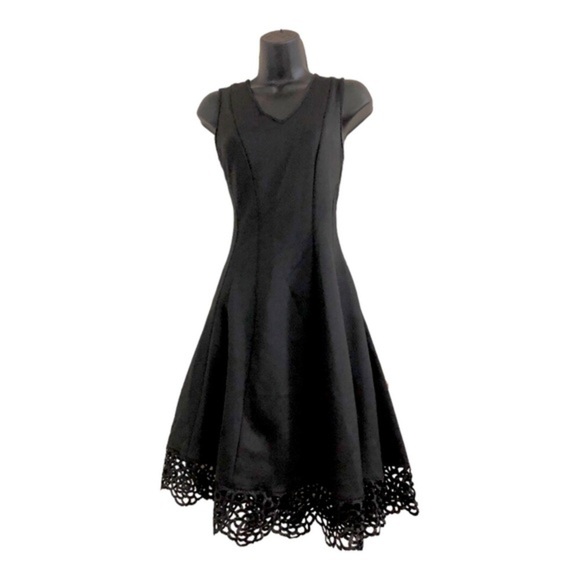 Donna Ricco black fit and flare v-neck embroidery‎ crochet hem cocktail dress - Picture 10 of 16